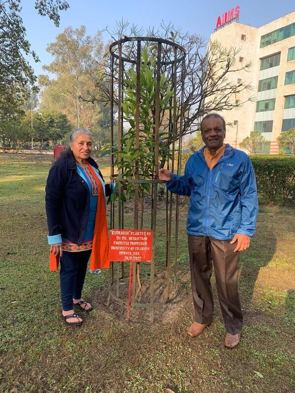 Dr. PK, Mrs. Kamala and hospital staff beside the Rudraksha tree at AIIMS Rishikesh, December 2023